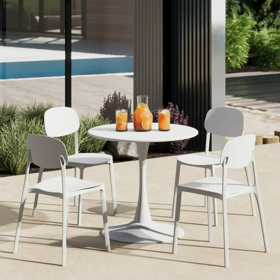 WestinTrends Playa 5-Piece Indoor Outdoor Metal Round Patio Dining Table Set With Stackable Resin Patio Side Chairs, White