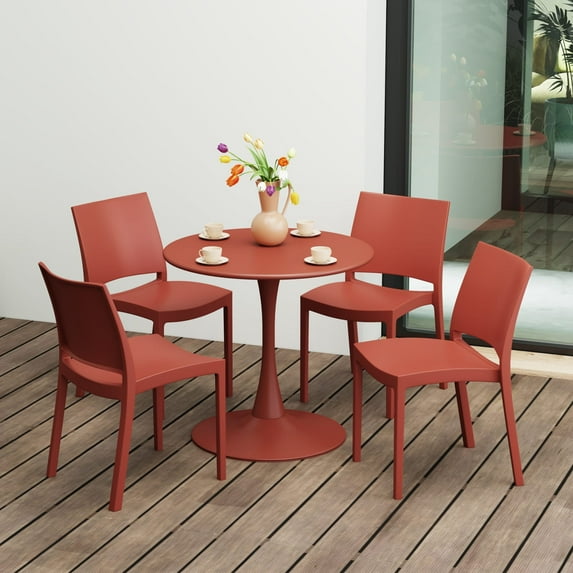 WestinTrends Playa 5-Piece Indoor Outdoor Round Metal Patio Dining Table Set With Stackable Patio Dining Side Chairs, Red