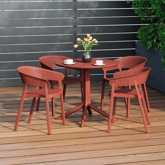 WestinTrends Playa 5-Piece Modern Patio Round Dining Table Set with Stackable Patio Dining Chairs, Red