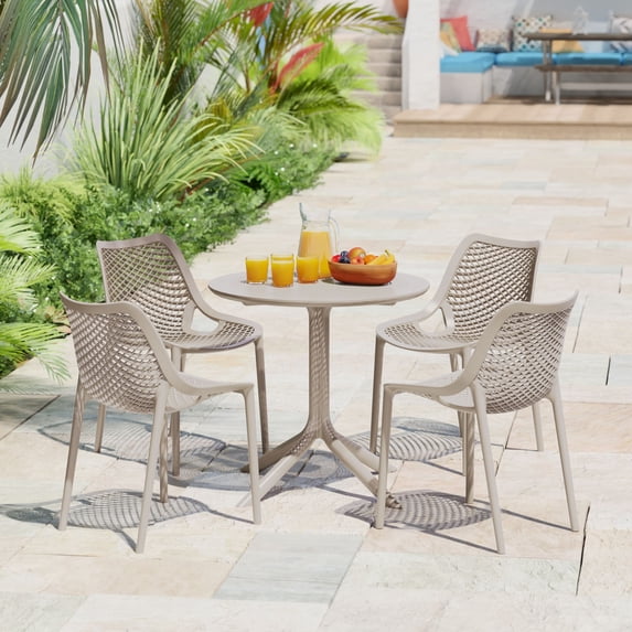 WestinTrends Playa 5-Piece Modern Round Patio Dining Table Set with Stackable Patio Dining Chairs, Sand