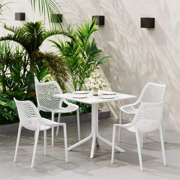 WestinTrends Playa 5-Piece Modern Square Patio Dining Table Set with Stackable Patio Dining Chairs, White