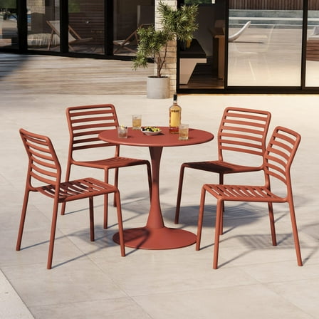 WestinTrends Playa 5-Piece Outdoor Indoor Metal Patio Dining Table Set With Stackable Plastic Patio Side Chairs, Red