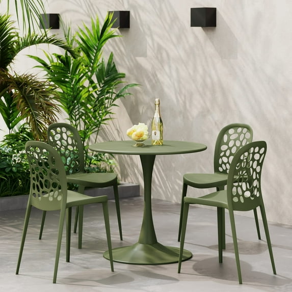 WestinTrends Playa 5-Piece Outdoor Indoor Metal Patio Dining Table Set With Stackable Polypropylene Patio Side Chairs, Olive Green