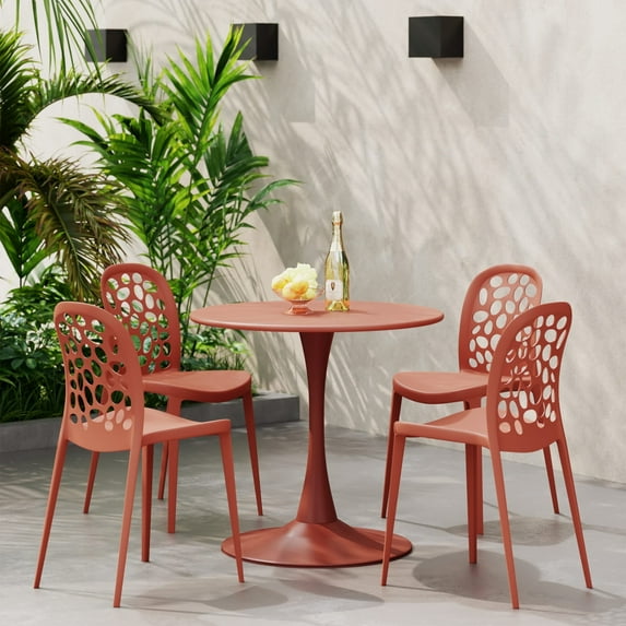 WestinTrends Playa 5-Piece Outdoor Indoor Metal Patio Dining Table Set With Stackable Polypropylene Patio Side Chairs, Red