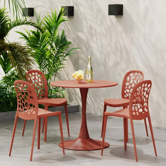 WestinTrends Playa 5-Piece Outdoor Indoor Metal Patio Dining Table Set With Stackable Polypropylene Patio Side Chairs, Red