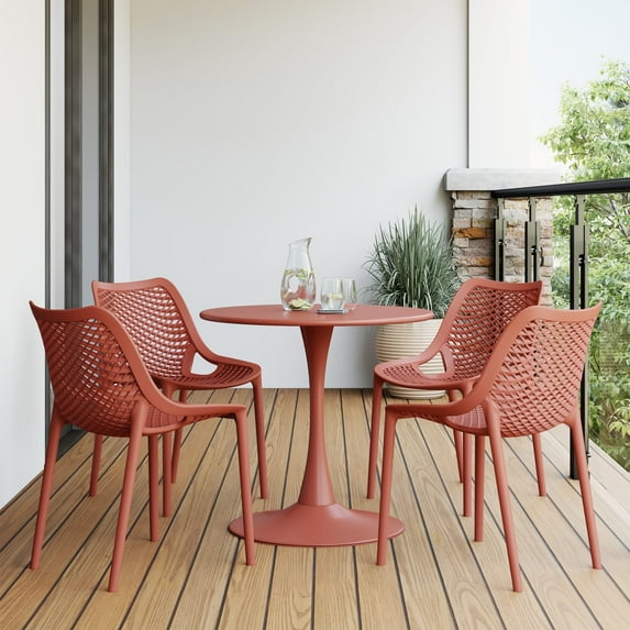 WestinTrends Playa 5-Piece Outdoor Indoor Round Metal Dining Table Set And Stackable Resin Patio Dining Side Chairs, Red