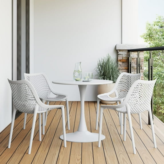 WestinTrends Playa 5-Piece Outdoor Indoor Round Metal Dining Table Set And Stackable Resin Patio Dining Side Chairs, White