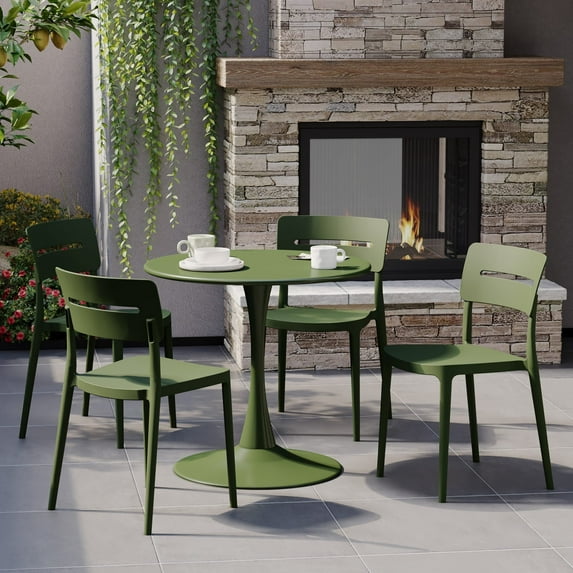 WestinTrends Playa 5-Piece Outdoor Indoor Round Metal Patio Dining Table Set With Stackable Patio Chairs, Olive Green