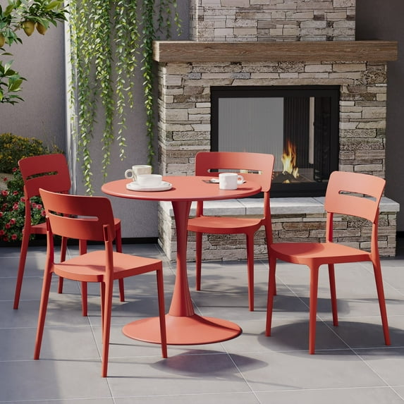 WestinTrends Playa 5-Piece Outdoor Indoor Round Metal Patio Dining Table Set With Stackable Patio Chairs, Red