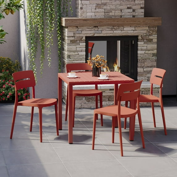 WestinTrends Playa 5-Piece Outdoor Metal Frame Dining Table Patio Set with Stackable Patio Dining Chairs, Red