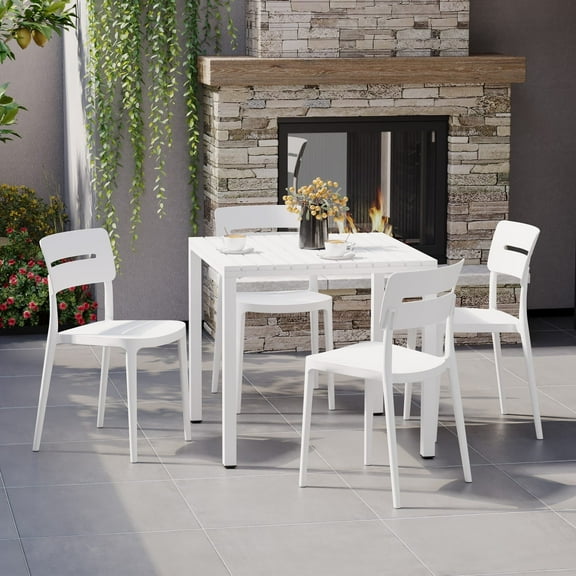WestinTrends Playa 5-Piece Outdoor Metal Frame Dining Table Patio Set with Stackable Patio Dining Chairs, White