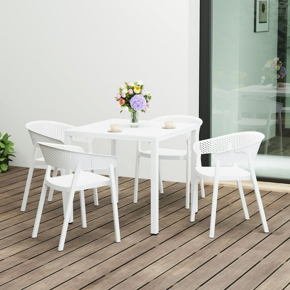 WestinTrends Playa 5-Piece Outdoor Metal Frame Square Dining Table Patio Set with Stackable Patio Dining Chairs, White
