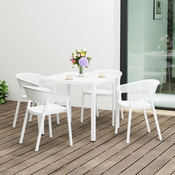 WestinTrends Playa 5-Piece Outdoor Metal Frame Square Dining Table Patio Set with Stackable Patio Dining Chairs, White