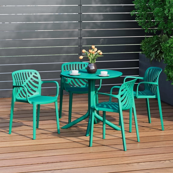WestinTrends Playa 5-Piece Outdoor Resin Round Patio Dining Table Set with Modern Stackable Patio Dining Chairs, Turquoise