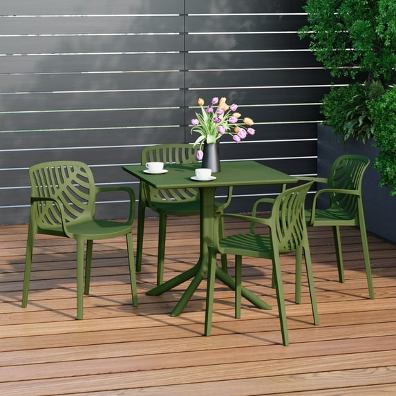 WestinTrends Playa 5-Piece Outdoor Resin Square Patio Dining Table Set with Modern Stackable Patio Dining Chairs, Olive Green