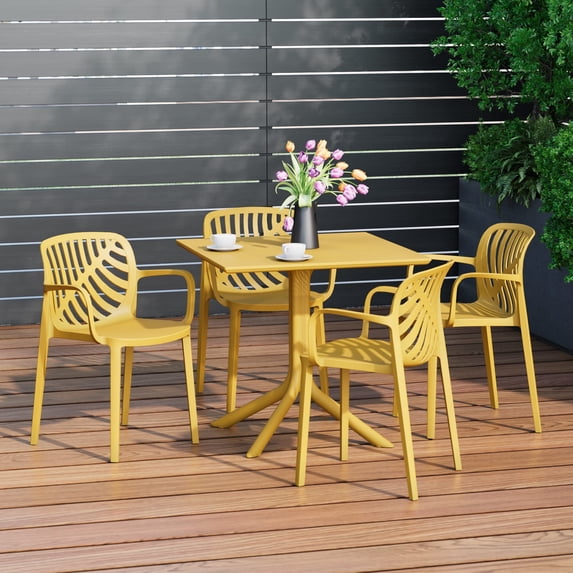 WestinTrends Playa 5-Piece Outdoor Resin Square Patio Dining Table Set with Modern Stackable Patio Dining Chairs, Yellow
