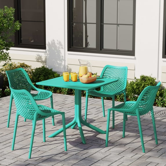 WestinTrends Playa 5-Piece Resin Square Patio Dining Table Set with Stackable Patio Dining Chairs, Turquoise