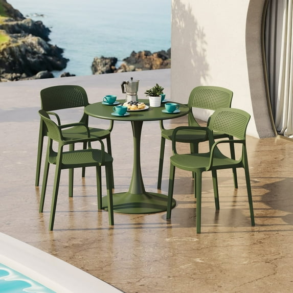 WestinTrends Playa 5-Piece Round Metal Bistro Dining Table Set And Stackable Resin Patio Dining Side Chairs, Olive Green