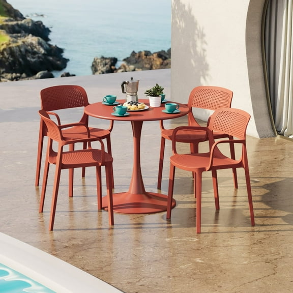 WestinTrends Playa 5-Piece Round Metal Bistro Dining Table Set And Stackable Resin Patio Dining Side Chairs, Red