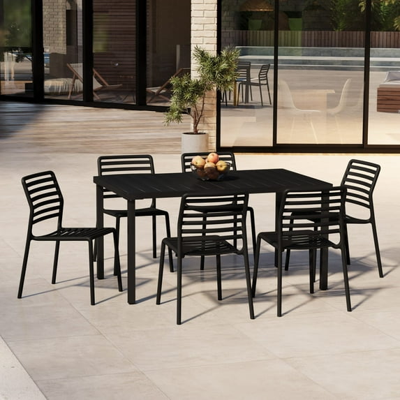 WestinTrends Playa 7-Piece Metal Rectangular Patio Dining Table Set With Stackable Plastic Dining Chairs For 6, Black