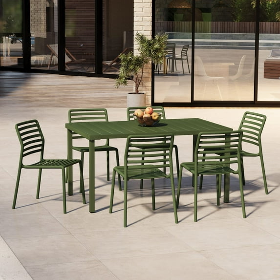 WestinTrends Playa 7-Piece Metal Rectangular Patio Dining Table Set With Stackable Plastic Dining Chairs For 6, Olive Green