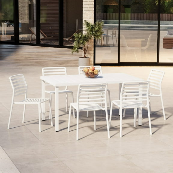 WestinTrends Playa 7-Piece Metal Rectangular Patio Dining Table Set With Stackable Plastic Dining Chairs For 6, White