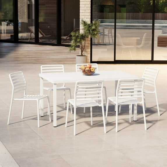 WestinTrends Playa 7-Piece Metal Rectangular Patio Dining Table Set With Stackable Plastic Dining Chairs For 6, White