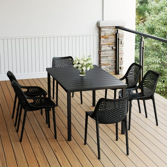 WestinTrends Playa 7-Piece Outdoor Metal Patio Dining Table Set With Stackable Patio Chairs, Black
