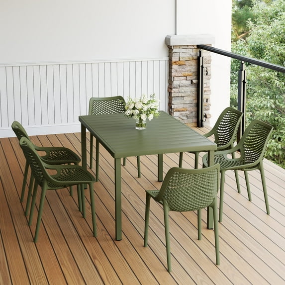 WestinTrends Playa 7-Piece Outdoor Metal Patio Dining Table Set With Stackable Patio Chairs, Olive Green
