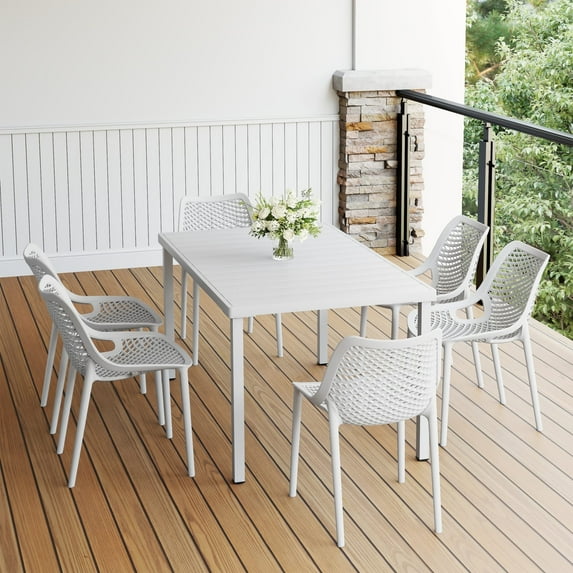 WestinTrends Playa 7-Piece Outdoor Metal Patio Dining Table Set With Stackable Patio Chairs, White