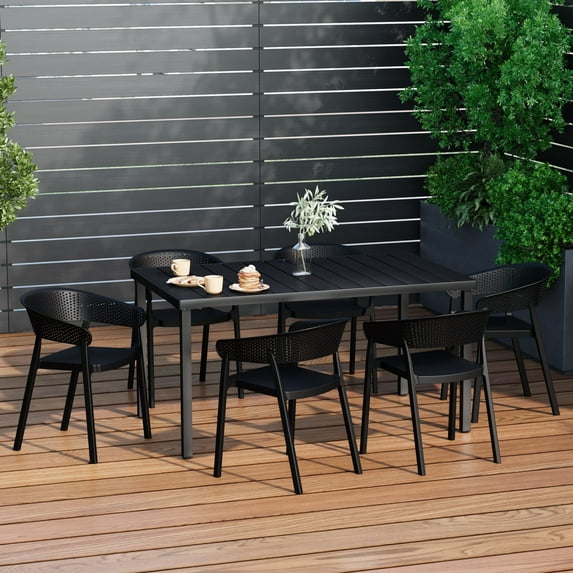 WestinTrends Playa 7-Piece Outdoor Metal Rectangle Patio Dining Table Set With Stackable Patio Dining Chairs, Black