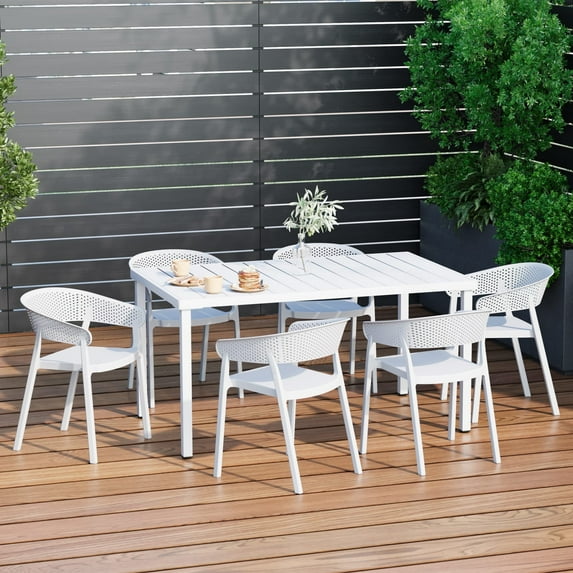 WestinTrends Playa 7-Piece Outdoor Metal Rectangle Patio Dining Table Set With Stackable Patio Dining Chairs, White