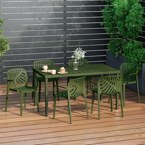 WestinTrends Playa 7-Piece Outdoor Metal Rectangle Patio Dining Table Set With Stackable Resin Patio Dining Chairs, Olive Green