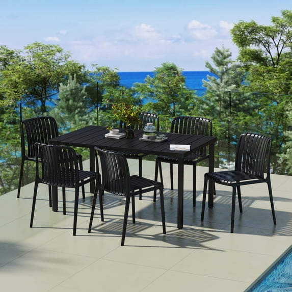 WestinTrends Playa 7-Piece Outdoor Patio Dining Table Set With Stackable Patio Chairs, Black