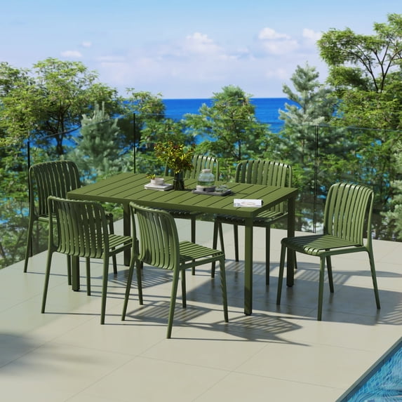 WestinTrends Playa 7-Piece Outdoor Patio Dining Table Set With Stackable Patio Chairs, Olive Green
