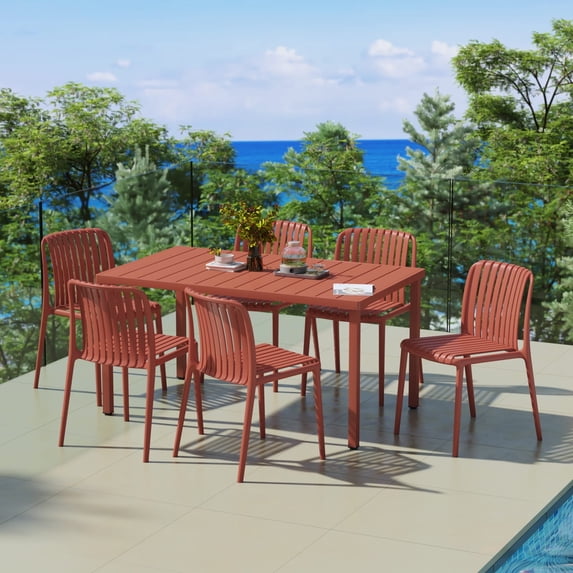 WestinTrends Playa 7-Piece Outdoor Patio Dining Table Set With Stackable Patio Chairs, Red