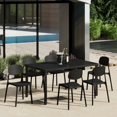 WestinTrends Playa 7-Piece Outdoor Rectangular Metal Patio Dining Table Set With Mid-Century Modern Stackable Patio Side Chairs, Black