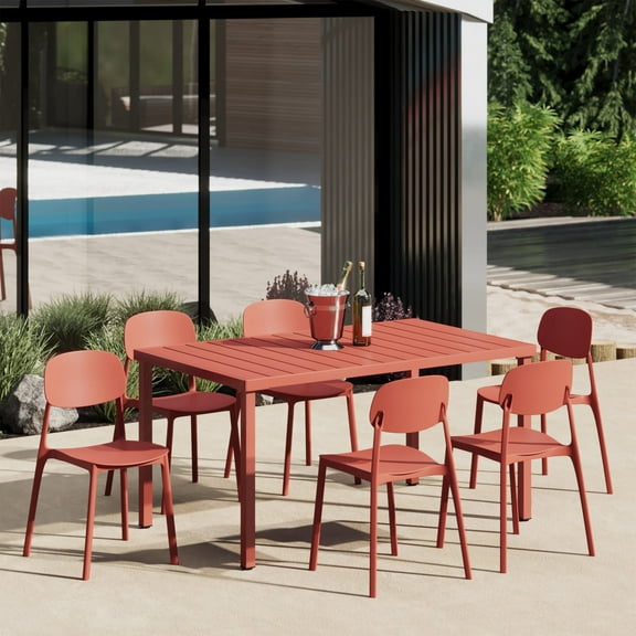 WestinTrends Playa 7-Piece Outdoor Rectangular Metal Patio Dining Table Set With Mid-Century Modern Stackable Patio Side Chairs, Red