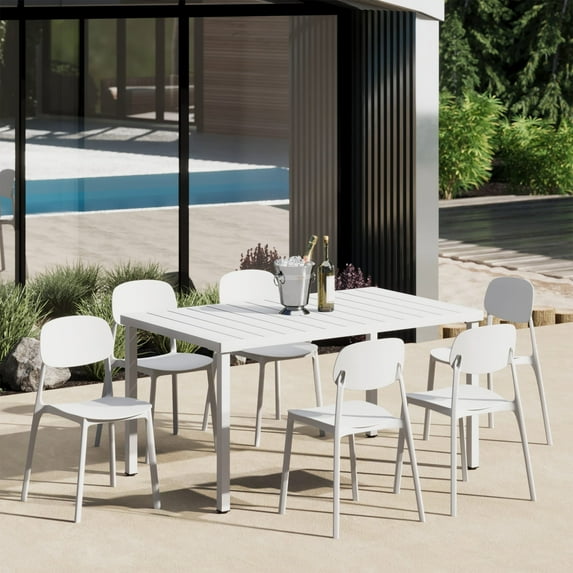 WestinTrends Playa 7-Piece Outdoor Rectangular Metal Patio Dining Table Set With Mid-Century Modern Stackable Patio Side Chairs, White