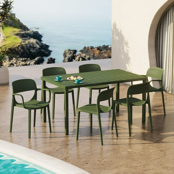 WestinTrends Playa 7-Piece Outdoor Rectangular Metal Patio Dining Table Set With Stackable Patio Dining Chairs, Olive Green