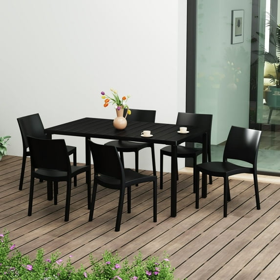 WestinTrends Playa 7-Piece Outdoor Rectangular Metal Patio Dining Table Set With Stackable Resin Patio Side Chairs, Black