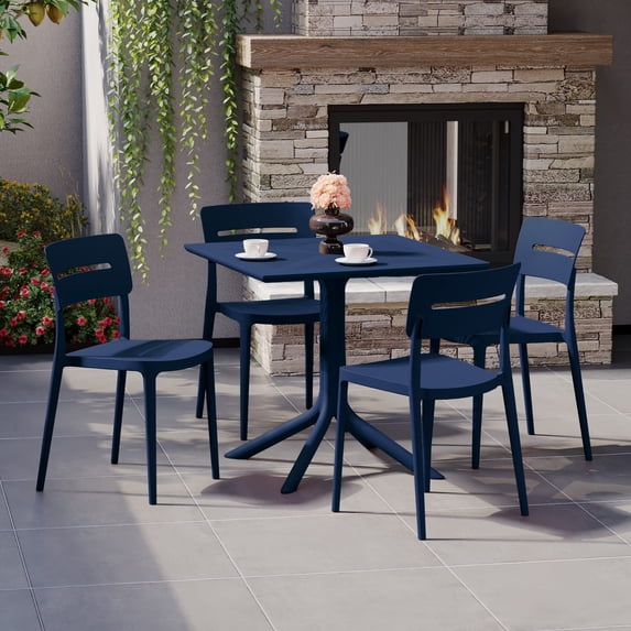 WestinTrends Playa Modern 5-Piece Resin Patio Dining Table Set with Stackable Patio Dining Chairs, Navy Blue