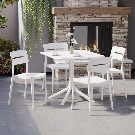 WestinTrends Playa Modern 5-Piece Resin Patio Dining Table Set with Stackable Patio Dining Chairs, White