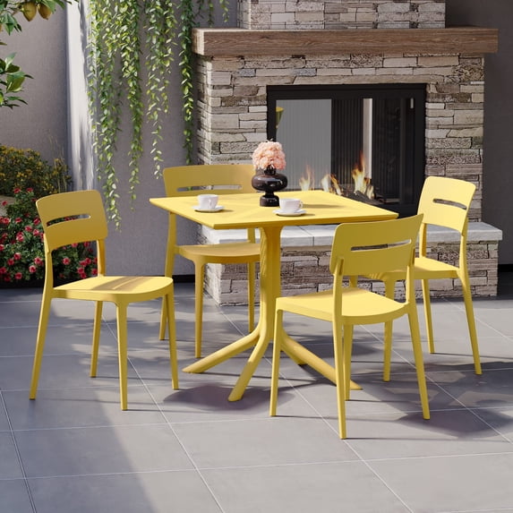 WestinTrends Playa Modern 5-Piece Resin Patio Dining Table Set with Stackable Patio Dining Chairs, Yellow