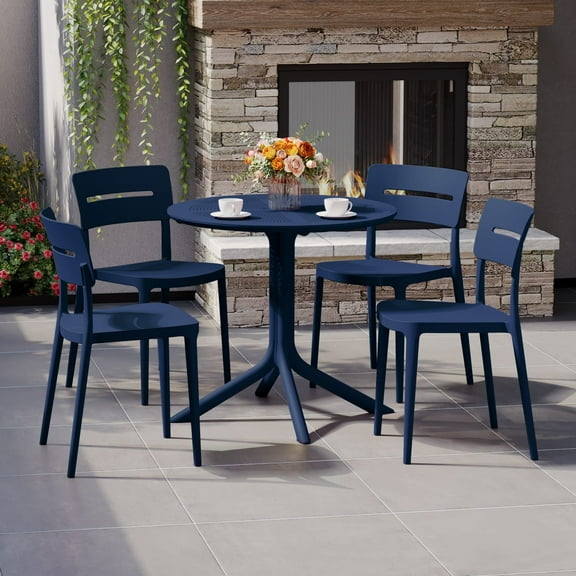 WestinTrends Playa Modern 5-Piece Resin Round Patio Dining Table Set with Stackable Patio Dining Chairs, Navy Blue