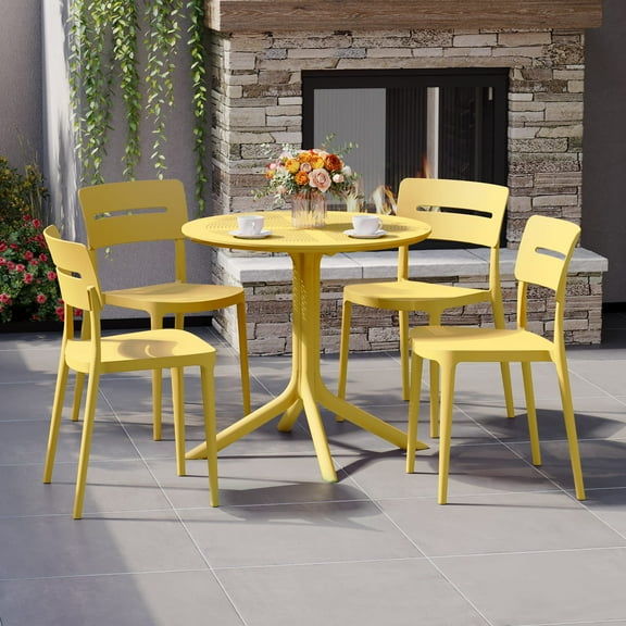WestinTrends Playa Modern 5-Piece Resin Round Patio Dining Table Set with Stackable Patio Dining Chairs, Yellow