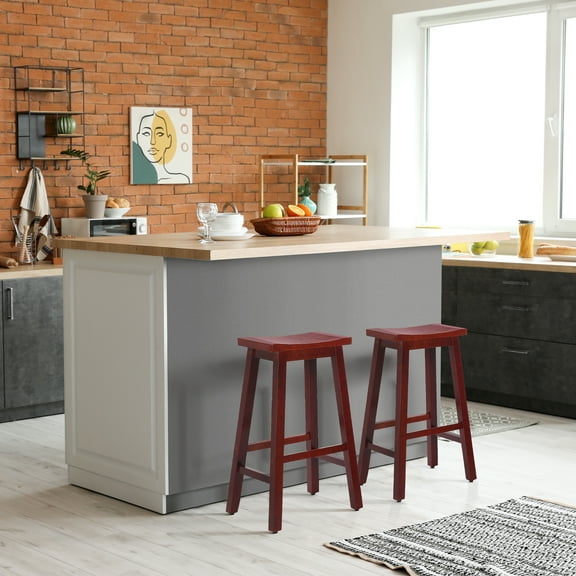 WestinTrends Reed 29 Inch Saddle Bar Stools Set of 2, Solid Wood Kitchen Bar Height Stools, Cherry