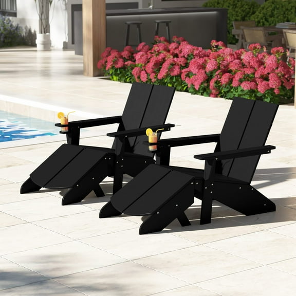 WestinTrends Riviera Outdoor 4-Piece HDPE Modern Adirondack Chairs Set with Folding Patio Ottomans and Cup Holder, Black