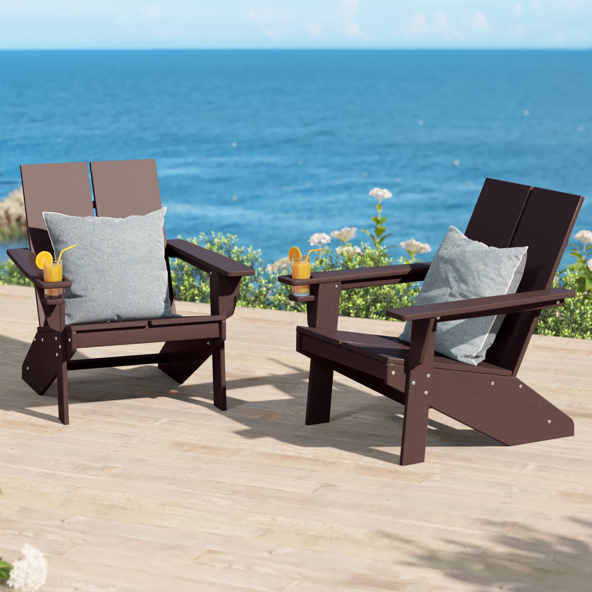 WestinTrends Riviera Outdoor HDPE Modern Adirondack Chair with Cup Holder (Set of 2), Dark Brown
