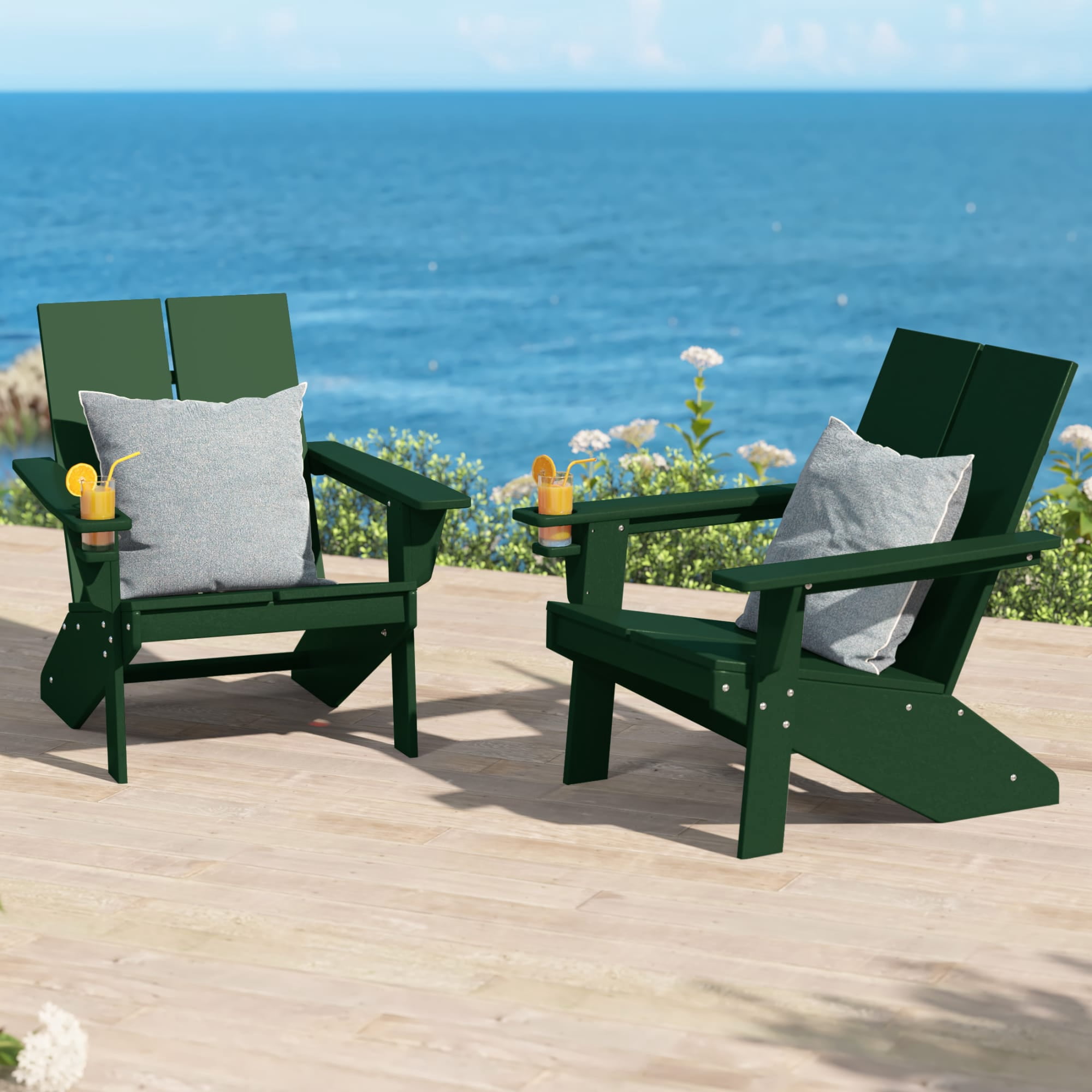WestinTrends Riviera Outdoor HDPE Modern Adirondack Chair with Cup Holder (Set of 2), Dark Green